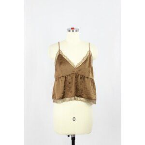 Aritzia LITTLE MOON Sedum Brown Satin Cropped Peplum Camisole Tank Top, Size S